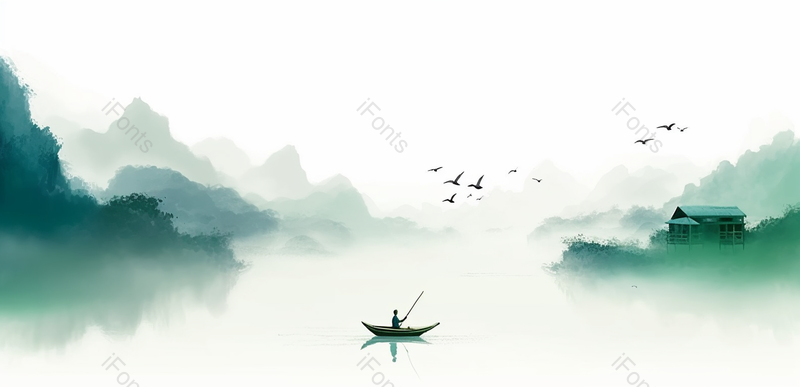 蓝绿色中国风烟雾缭绕人间仙境山水水墨画背景,插画/手绘图,插画/手绘图库,插画/手绘图下载,插画/手绘